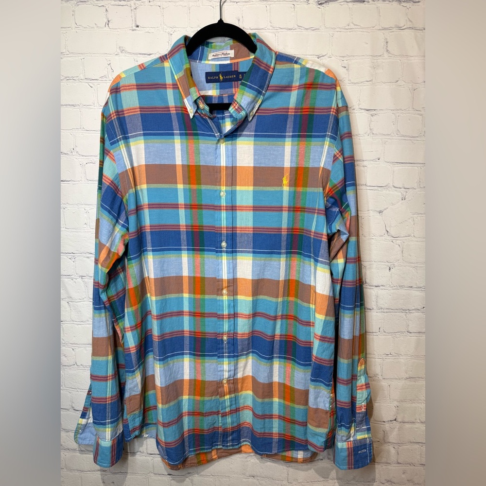 Authentic Indian Madras Ralph Lauren size XL blue plaid button down